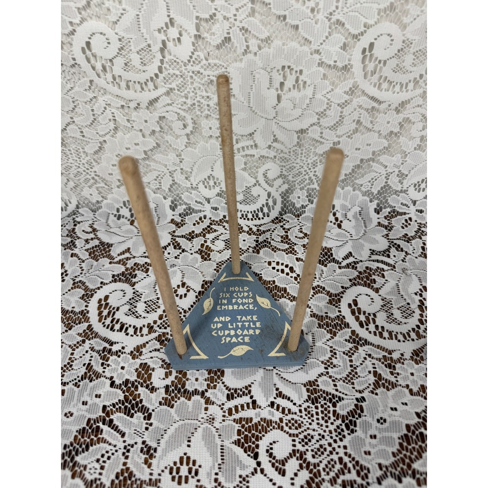 Vintage Blue Wood Mug Tree 3 Peg Cup Rack Poem Triangular Base Farmhouse Decor